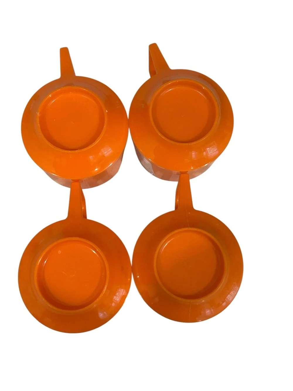 VTG JAJ Pyrex Drink Ups Lot of 4 Orange Plastic Holder Glass Mugs 1970s England